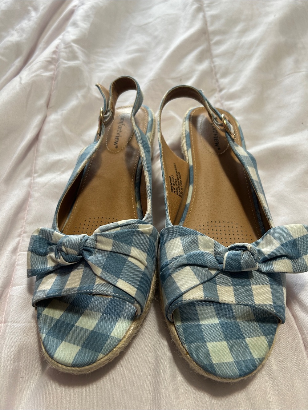comfortview Blue and White Gingham Bow Slingback Espadrilles Size 11W